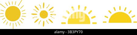 Hand Drawn Yellow Half Sun Doodle Icon – Summer Heat Symbol, Sunset Vector Illustration, Isolated Solar Element Stock Vector