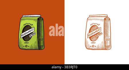 Buckwheat package. Engraved, hand drawn and buckwheat groats. Grass cereal crops outline icon set vector illustration. Ink and clipart style. Line Stock Vector