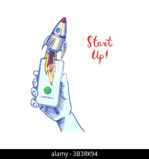 Hand holding mobile smartphone with launching rocket. Startup project, start new business. Help or financial support entrepreneur. Vector clipart Stock Vector