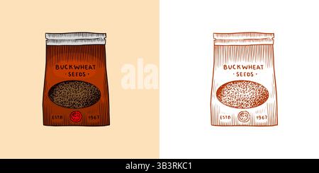 Buckwheat package. Engraved, hand drawn and buckwheat groats. Grass cereal crops outline icon set vector illustration. Ink and clipart style. Line Stock Vector