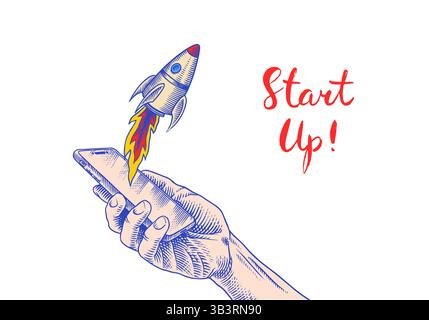 Hand holding mobile smartphone with launching rocket. Startup project, start new business. Help or financial support entrepreneur. Vector clipart Stock Vector