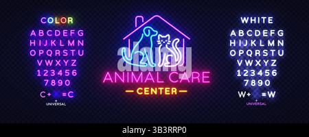 Pet logo with dog, cat, neon, animal, and shop elements featuring the text Animal Care Center. Glowing house outline and colorful lettering on dark Stock Vector