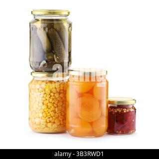 Many jars with different pickled products isolated on white Stock Photo