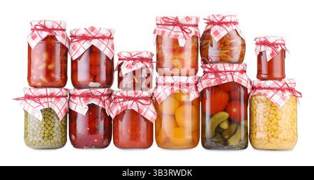 Many jars with different pickled products isolated on white Stock Photo