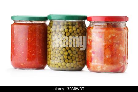 Many jars with different pickled products isolated on white Stock Photo