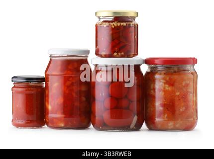Many jars with different pickled products isolated on white Stock Photo