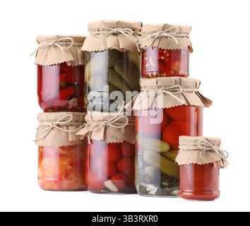 Many jars with different pickled products isolated on white Stock Photo