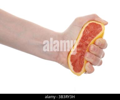 Woman squeezing grapefruit on white background, closeup Stock Photo