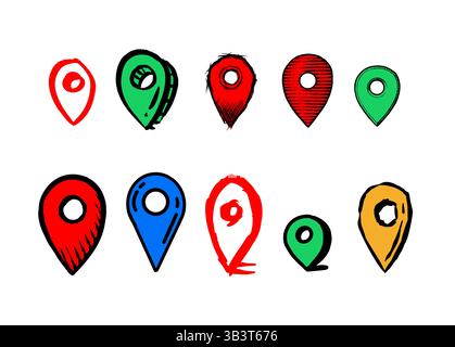 Hand drawn Map pins, doodle navigation, sign location. Set isolated on white background.  Stock Vector