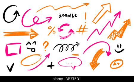 Sketchy Doodle Arrows. Vector icons set. Direction pointers shapes, emphasis and swirls objects. Lines, curves. Marker drawing. Hand drawn brush Stock Vector