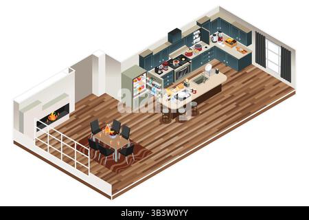 A vector illustration of Isometric Kitchen Dining Room Home Stock Vector