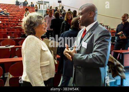 Paris, France, HIV AIDS NGO General Meeting, Solthis, French and African Scientists Talking, "Christine Rouzioux » active woman 50 years old, Stock Photo