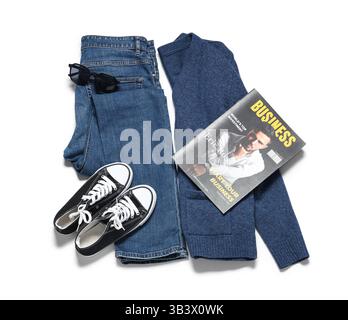 Stylish male clothes, shoes, sunglasses and magazine isolated on white background Stock Photo