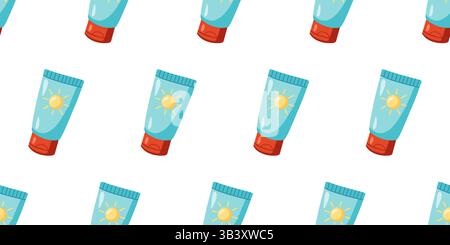 Seamless summer pattern with turquoise and red sunscreen tubes featuring a sun icon on the label Stock Vector