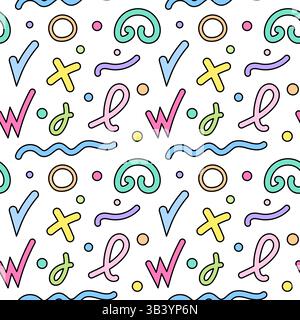 Seamless pattern featuring abstract pastel doodle shapes, squiggles, crosses, rings, checkmark, W-symbols, wavy lines, and confetti on a white backgro Stock Vector