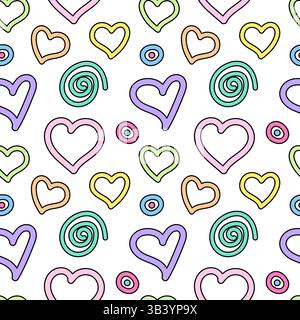 Whimsical seamless pattern featuring cut colorful doodle heart, spiral, and circles within rings in pastel hues on a white background. Perfect for dec Stock Vector