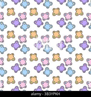 Seamless pattern of butterflies like shapes in pastel tones of blue, pink, purple, and orange, decorated with circular accents on a white background. Stock Vector