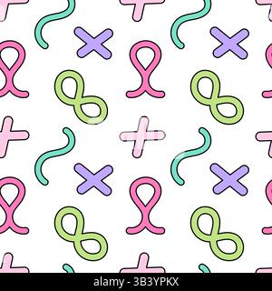 Playful seamless pattern featuring abstract shapes symbols such as loops, crosses, and wavy lines in pastel colors on a white background. Perfect for Stock Vector
