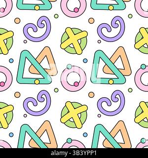 Vibrant abstract seamless pattern of colorful naive doodle style triangles, rings, crosses, swirls, and confetti on a white background. Perfect for nu Stock Vector