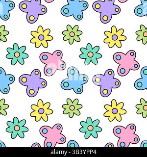 Bright seamless pattern of pastel colorful butterflies and springtime flowers on a white background. Perfect for bedding, spring or summer designs, wo Stock Vector