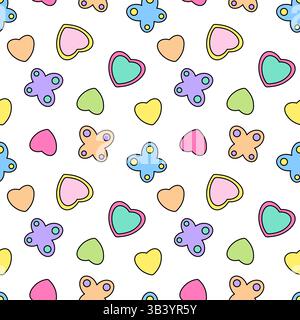 Beautiful vibrant seamless pattern of pastel multicolored hearts and butterflies on a white background. Perfect for spring or summer designs, women ac Stock Vector