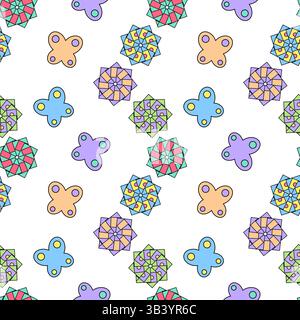 Seamless pattern featuring colorful kaleidoscope abstract flowers and butterflies decorated with circles on a white background. Ideal for spring or su Stock Vector