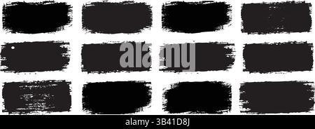 Set of grunge jagged rectangles of black brush-painted paper sheet for sticker, collage, banner. Vector illustration isolated on white background. Stock Vector