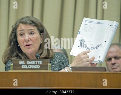 Oct. 8, 2015 - Washington, District of Columbia, United States of America - United States Representative Diana DeGette (Democrat of Colorado), Ranking Member, US House Energy and Commerce Committee's Oversight and Investigations Subcommittee shows a diagram of a Volkswagen engine management system to Michael Horn, President and CEO of Volkswagen Group of America, as he testifies on ''Volkswagen's Emissions Cheating Allegations: Initial Questions'' on Capitol Hill in Washington, DC on Thursday, October 8, 2015..Credit: Ron Sachs / CNP (Credit Image: © Ron Sachs/CNP via ZUMA Wire) Stock Photo