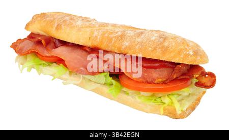 Bacon, lettuce and tomato baguette sandwich roll with red tomato ketchup sauce isolated on a white background Stock Photo