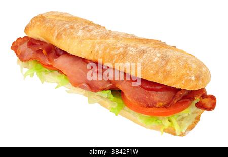 Bacon, lettuce and tomato baguette sandwich roll with red tomato ketchup sauce isolated on a white background Stock Photo