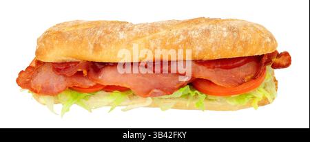 Bacon, lettuce and tomato baguette sandwich roll with red tomato ketchup sauce isolated on a white background Stock Photo
