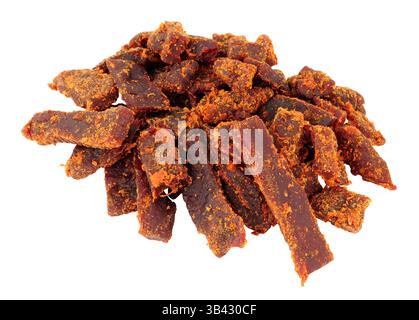Group of jerky smoked chipotle steak strips marinated rump steak isolated on a white background Stock Photo