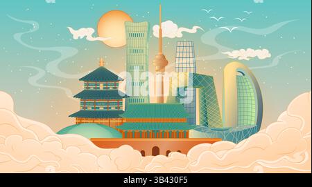 Vector illustration of Beijing city landmark buildings Stock Vector