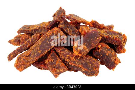 Group of jerky smoked chipotle steak strips marinated rump steak isolated on a white background Stock Photo