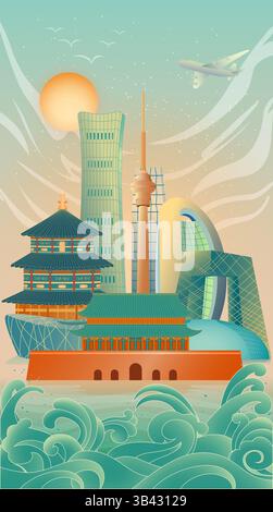 Vector illustration of Beijing city landmark buildings Stock Vector