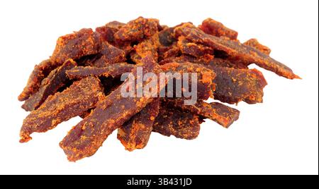 Group of jerky smoked chipotle steak strips marinated rump steak isolated on a white background Stock Photo