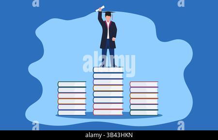 Vector concept illustration of doctor standing on pile of books and getting graduation certificate Stock Vector