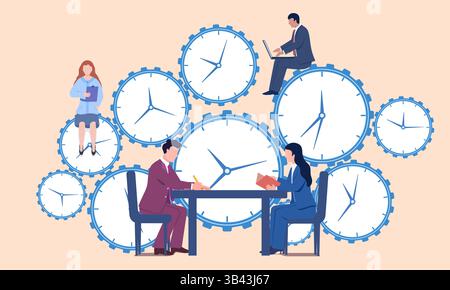 Vector concept illustration of team members working in rush Stock Vector
