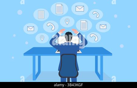 Vector concept illustration of an employee troubled by too many work calls, emails and business trips Stock Vector