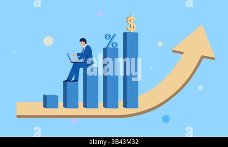 Concept illustration of a man sitting on a rising column and working Stock Vector