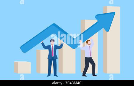 Concept illustration of two people working together to raise a rising arrow Stock Vector