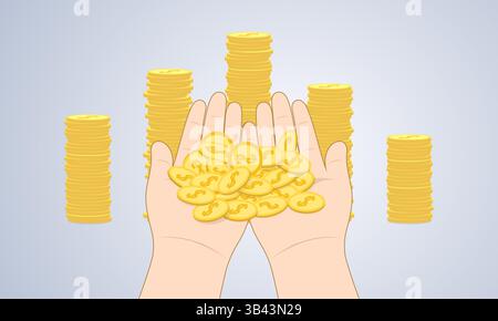 Concept illustration of hands holding many gold coins Stock Vector