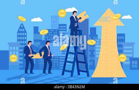 Concept illustration of teamwork building a rising arrow puzzle Stock Vector
