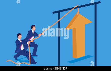 Concept illustration of two people working together to pull and pry an arrow upward Stock Vector