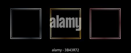 Thin metallic square frame set. Shiny gold and silver foil border collection. Golden glowing geometric boarder bundle in art deco style. Rectangular element pack for photo, cadre, card, emblem. Vector Stock Vector