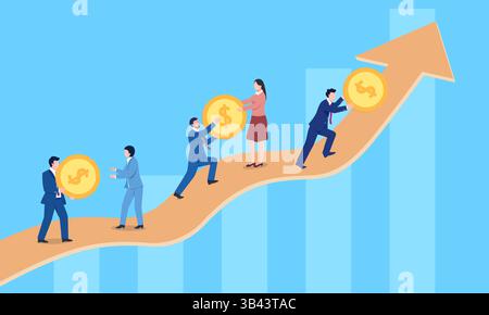 Vector concept illustration of teamwork passing gold coins upwards Stock Vector