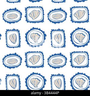 Hand drawn seashell frame on white background marine doodle seamless pattern with shells in frames for summer packaging and design Stock Vector