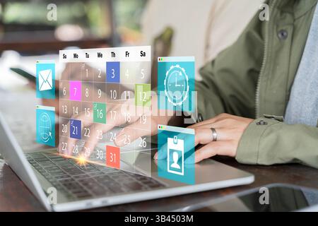 Businesswoman using calculator, doing calculations, Business Planning Calendar Agenda work schedule concept and Plan your annual tax filing, Organize Stock Photo
