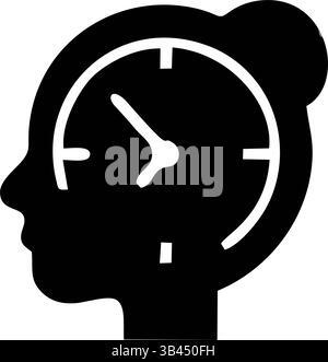 A profile view of a person's head with an analog clock inside, symbolizing time management. Stock Vector