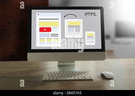 businessman web design responsive website layout and content. landing page development on a laptop screen LANDING PAGE (SEO concept) Stock Photo